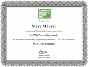 Certificate of Completion for AWAI Web Copy Specialist