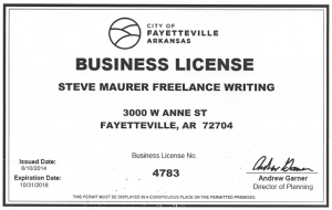 City of Fayetteville, Arkansas Business License for Steve Maurer Freelance Writing, a B2B industrial copywriter