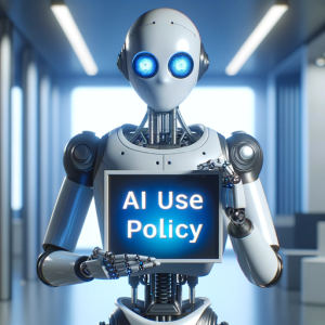 A robot holding an AI Use Policy sign.